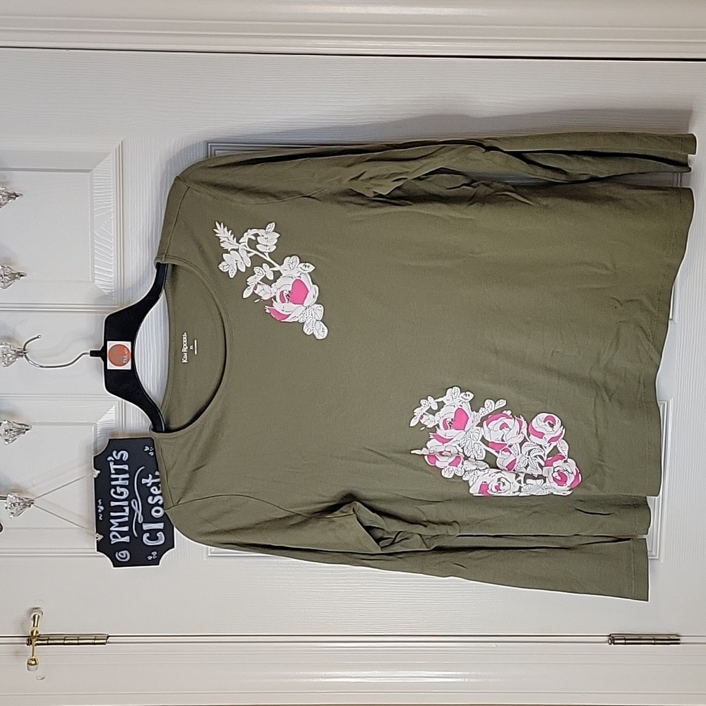 Kim Rogers XL Blouse Olive Green Floral Pink White Black Long Sleeve